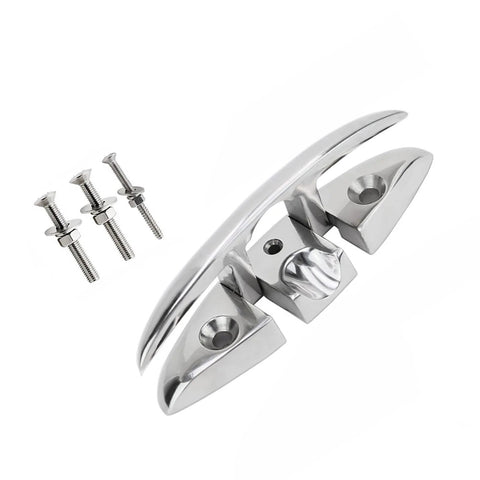 Front view of stainless steel marine folding cleat with mounting screws for yachts and kayaks.
