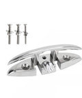 Front view of stainless steel folding deck cleat with mounting screws.