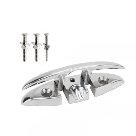 Front view of stainless steel folding deck cleat with mounting screws.