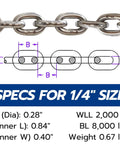 Diagram and specifications for ✝️ 1/4" G43 ISO AISI 316 Marine Grade Stainless Steel Anchor Chain Mirror Polished Finish Marine Grade ISO G43