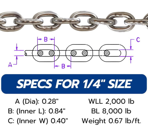 Diagram and specifications for ✝️ 1/4" G43 ISO AISI 316 Marine Grade Stainless Steel Anchor Chain Mirror Polished Finish Marine Grade ISO G43