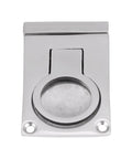 Stainless steel ring pull flush hatch cabinet handle with two screw holes, front view, mirror-polished 57x40mm.