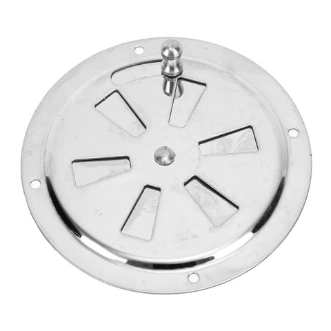 Front view of marine-grade stainless steel 4-inch vent grille with side knob for boats and RVs