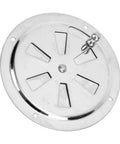 Round 4-inch stainless steel vent grill backplate with edge mounting holes and central pivot.