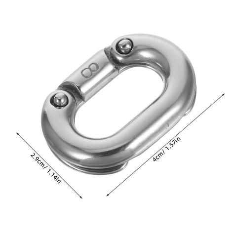 Oval stainless steel 8 mm quick link connector, close-up view, marine grade 316, silver.