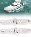 Two mirror-polished 316 stainless steel boat hatch hinges with screws, 4.1x1.1 in, close-up view
