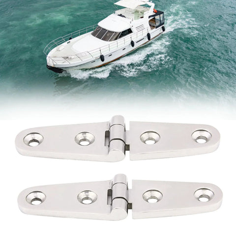 Two mirror-polished 316 stainless steel boat hatch hinges with screws, 4.1x1.1 in, close-up view