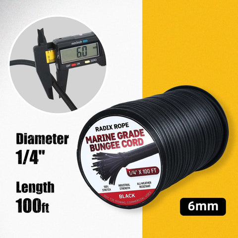 Heavy Duty Marine Grade Bungee Cords Roll 1/4 Inch By 100 Feet For Outdoor Use, black spool with measurement caliper showing diameter