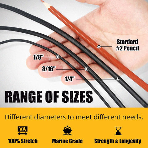 Heavy Duty Marine Grade Bungee Cords Roll 1/4 Inch By 100 Feet for Outdoor Use showcasing diameter sizes next to pencil