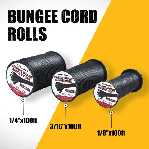 Three rolls of black Heavy Duty Marine Grade Bungee Cords in different sizes, including 1/4 inch by 100 feet for outdoor use.