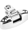 Bimini top deck hinge, close-up view; stainless steel 180-degree rotating marine hardware.