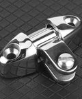 Bimini top deck hinge, close-up view, stainless steel, 180-degree rotating marine hardware for boats