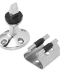 Front view of marine-grade polished stainless steel door stopper catch with round base and mounting bracket