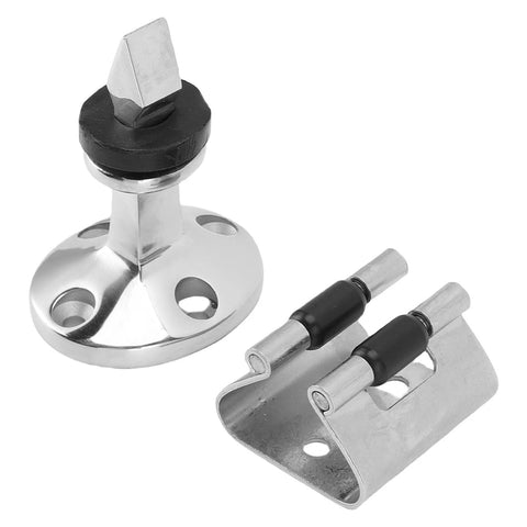 Front view of marine-grade polished stainless steel door stopper catch with round base and mounting bracket