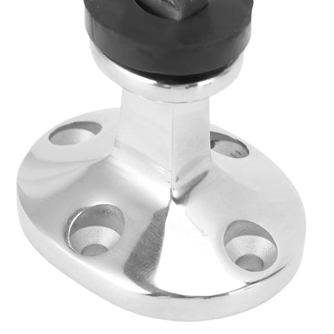 Close-up of polished stainless steel door stopper base with four mounting holes and vertical stem