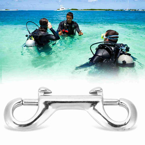 Close-up of Hamwesh double-ended snap hook in 316 marine-grade stainless steel, 77mm, one-hand trigger