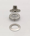 Front view: stainless steel twist-lock canvas fasteners; marine-grade base plate, turn-button stud, eyelet, and washer.