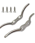 Two stainless steel flagpole cleat hooks with mounting holes and screws
