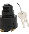 Ignition switch for marine engine with two keys, black housing, threaded stem and terminal screws