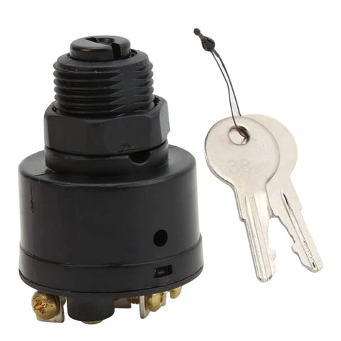 Ignition switch for marine engine with two keys, black housing, threaded stem and terminal screws