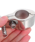 Close-up of marine-grade stainless steel jaw slide clamp for bimini canopy; hinged clip with mounting screw