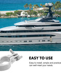 Marine-grade stainless steel jaw slide clamp for bimini canopy on a yacht, close-up