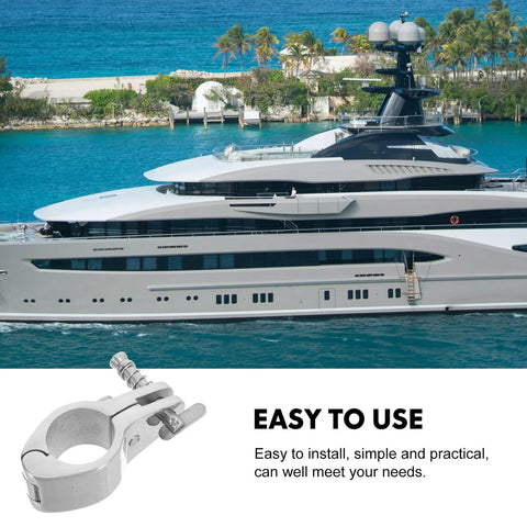 Marine-grade stainless steel jaw slide clamp for bimini canopy on a yacht, close-up