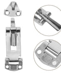 Front view of POPETPOP stainless steel toolbox latch with chrome finish and mounting holes.