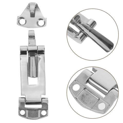 Front view of POPETPOP stainless steel toolbox latch with chrome finish and mounting holes.