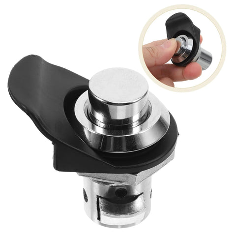 Push-close latch for electrical boxes; adjustable round chrome push button with black housing, marine-grade cabinet/boat latch.