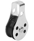 Front view of stainless steel bearing wheel pulley with 25mm wheel and four-hole mounting plate