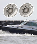 Pair of round stainless steel deck hatch fittings for 50-60mm hatches with anti-slip handle and butterfly bolt lock