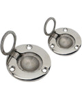 Round deck hatch hardware with hinged ring handles, stainless steel, front view, for 50–60 mm marine hatches (pair)