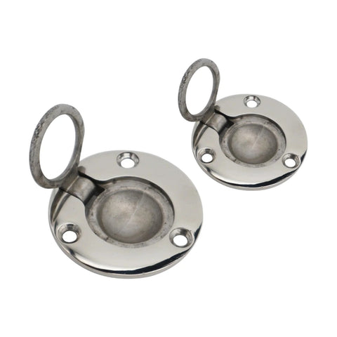 Round deck hatch hardware with hinged ring handles, stainless steel, front view, for 50–60 mm marine hatches (pair)
