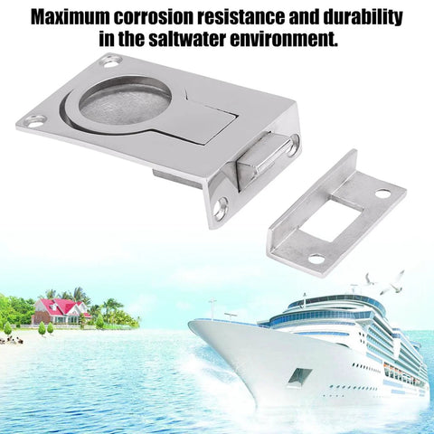 Front view of stainless steel ring-handle flush hatch lock pull, 57x40mm, mirror-polished for saltwater use