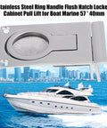 Front close-up of stainless steel ring-handle flush hatch pull for marine lockers, 57x40mm, mirror-polished.