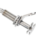 Close-up of stainless steel marine boat cleat hardware with mounting bolt, nut and washers