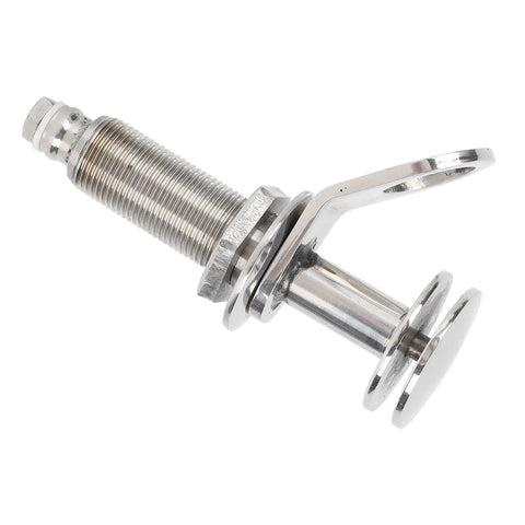 Close-up of stainless steel marine boat cleat hardware with mounting bolt, nut and washers