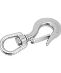 Front view of 1.3in stainless steel rotating clevis slip hook with safety latch and 360-degree rotation for marine lifting.