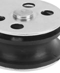 Close-up of a stainless steel bearing wheel pulley with a black wheel; 25mm size, marine-grade 304