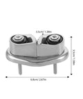 Front view of stainless steel marine-grade cam cleat with base and mounting bolts; 6.8 cm wide by 3.5 cm tall.