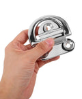 D-ring tie-down anchor, polished stainless steel 316, surface-mount deck hardware, held in hand
