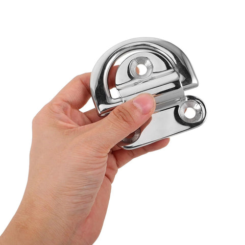 D-ring tie-down anchor, polished stainless steel 316, surface-mount deck hardware, held in hand