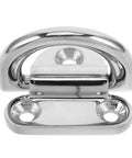 D-ring tie-down anchor in polished stainless steel, surface-mount deck hardware with base plate and mounting holes.