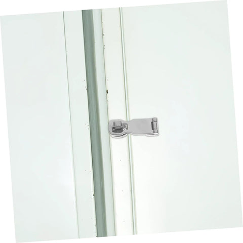 Stainless steel door latch hasp mounted on white door frame; marine-grade heavy-duty hardware.