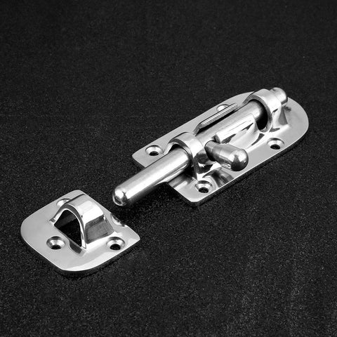 Front view of two-piece Hapivida marine boat door latch set, 316 stainless steel with strike plate (90mm)