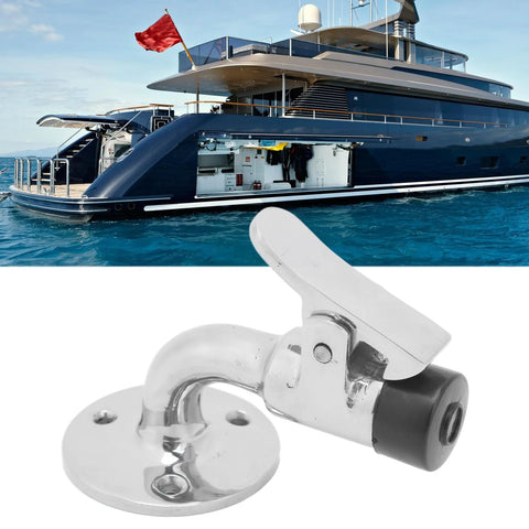Door stopper latch set, marine-grade 316 stainless steel with chrome finish, boat/yacht use, close-up