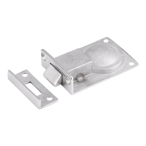 Two-piece stainless steel flush hatch latch set with mounting base and strike plate for boats, mirror finish