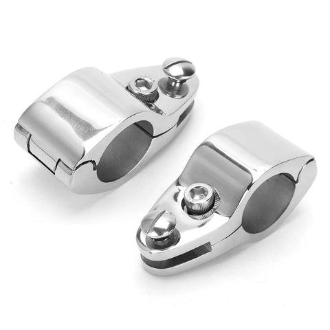 Front view of two 316 marine-grade stainless steel hinged upper-jaw slide fittings for yacht rail installation (22mm)