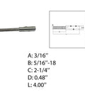 Image of Set Screw Stud For 3 Sixteenth Cable Wire Marine Grade Stainless Steel Four Inch with dimensions and technical diagram.